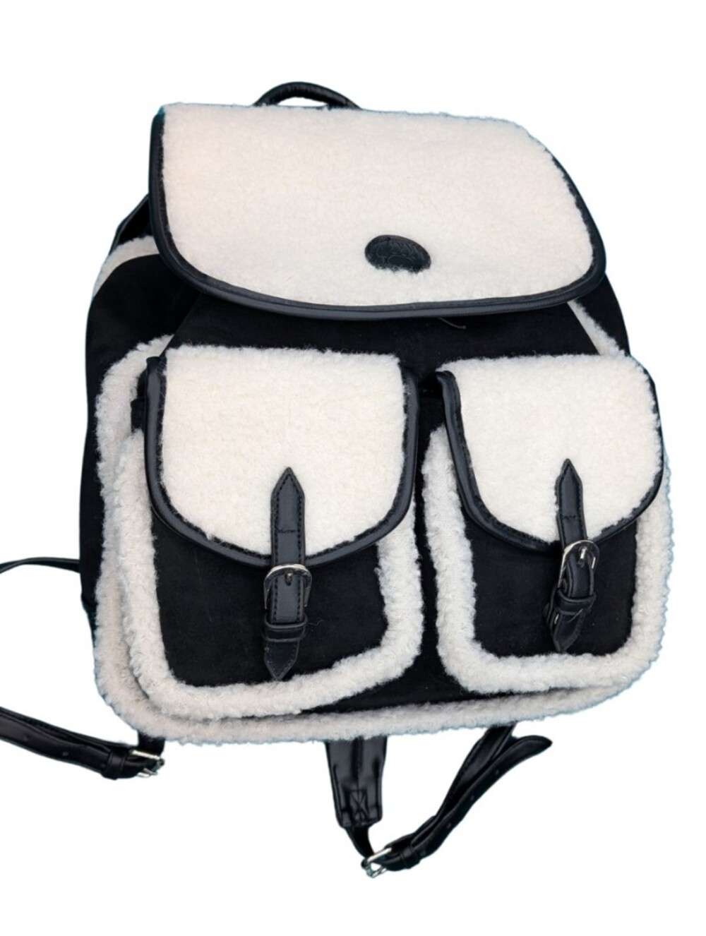 Bearpaw Black White Faux Suede Sherpa Fur Backpack Toggle Strap Apres Ski Bag